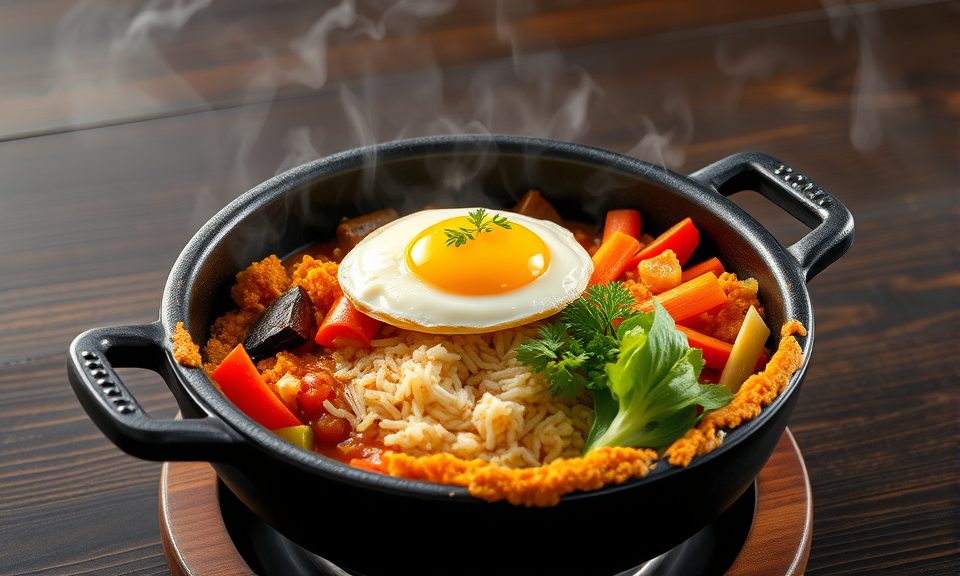 Sizzling Korean dolsot stone pot bibimbap with crispy rice crust and steam rising from hot stone bowl