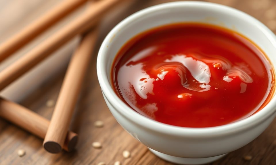 Small white ceramic bowl with deep red gochujang sauce for bibimbap, wooden chopsticks alongside