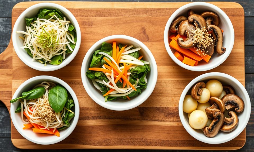 Five Korean namul toppings for bibimbap in separate white bowls: spinach, bean sprouts, carrots, zucchini, and shiitake mushrooms