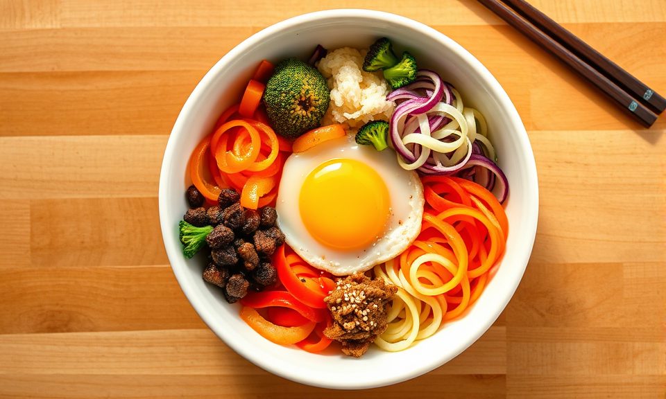 Overhead shot of a vibrant Korean bibimbap bowl with colorful namul toppings arranged in a pinwheel pattern