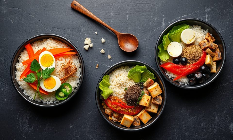 Three bibimbap variations photographed from above: traditional Jeonju style, simple Seoul style, and modern vegetarian version with tofu