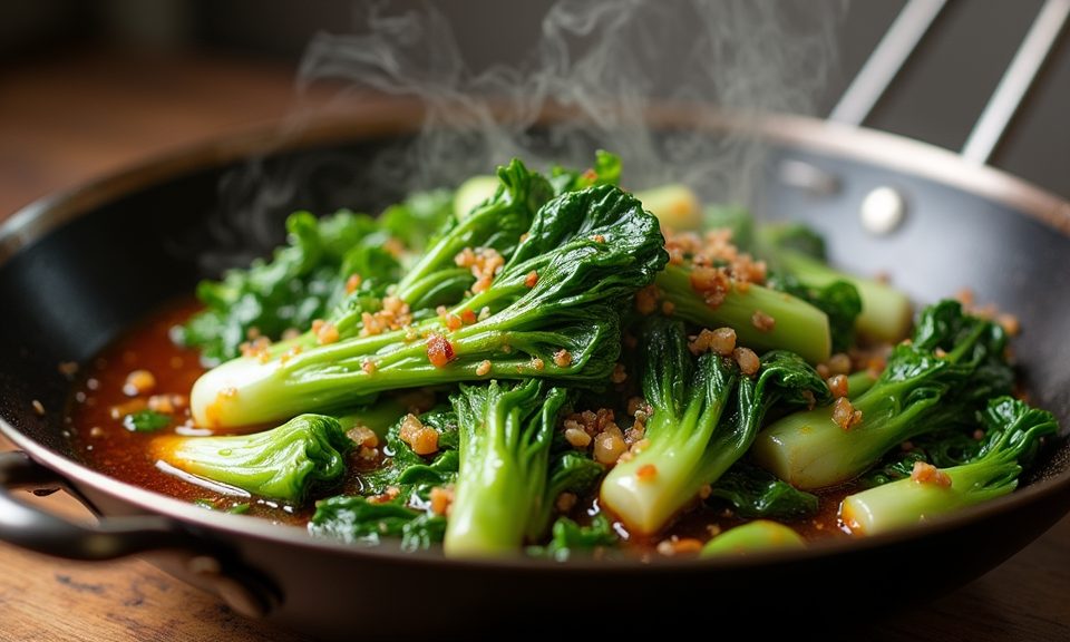 Bok choy fried rice served in a dark ceramic bowl with chopsticks and spring onions