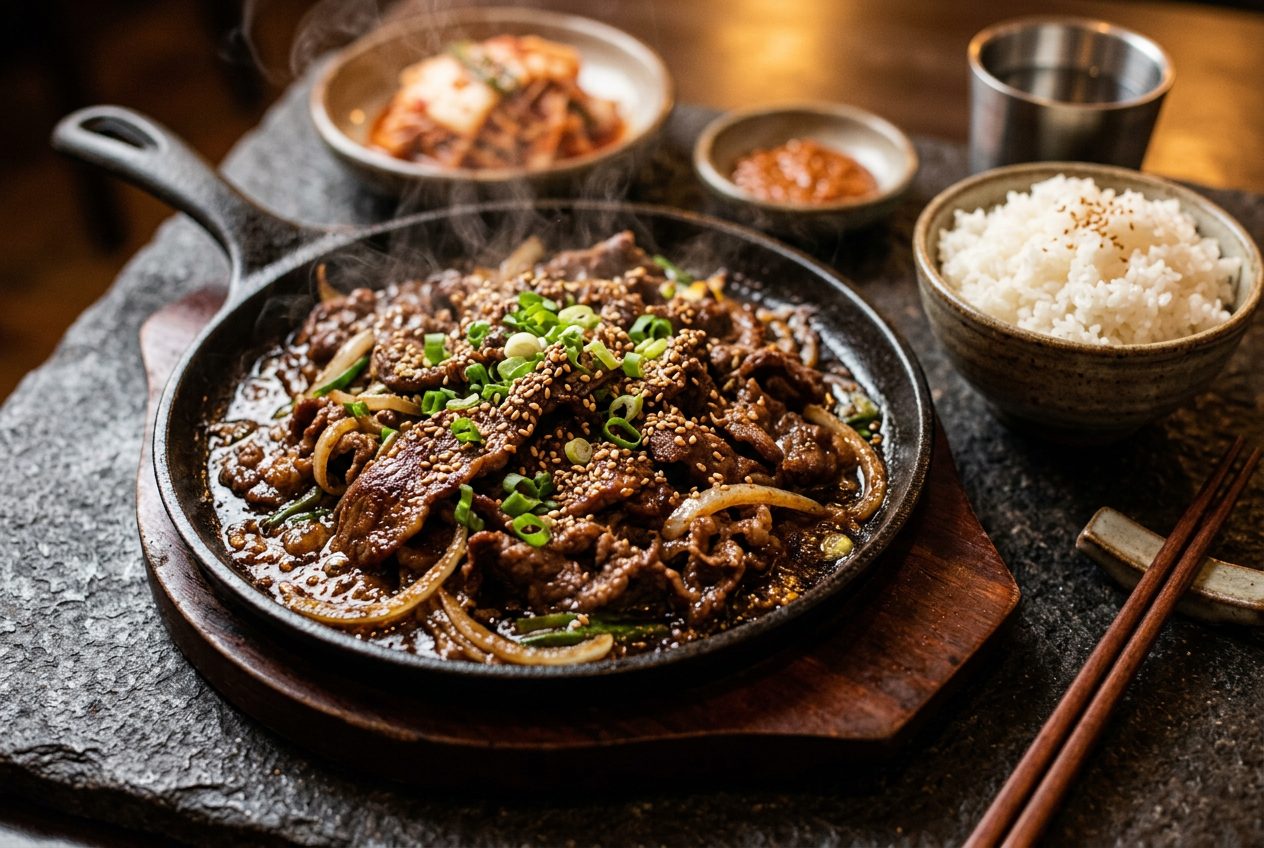 Korean beef bulgogi served with rice and lettuce wraps