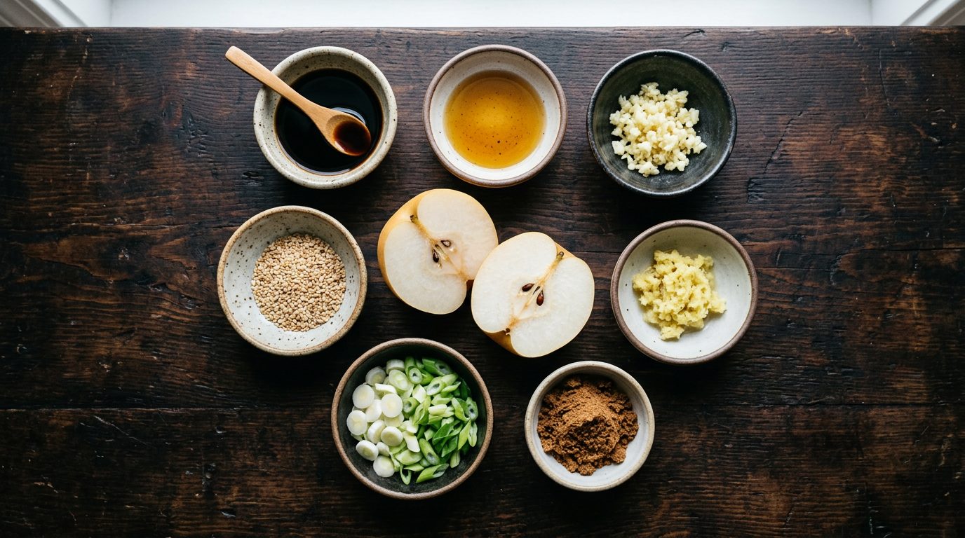 Bulgogi marinade ingredients: Asian pear, soy sauce, sesame oil, garlic, ginger on a wooden board