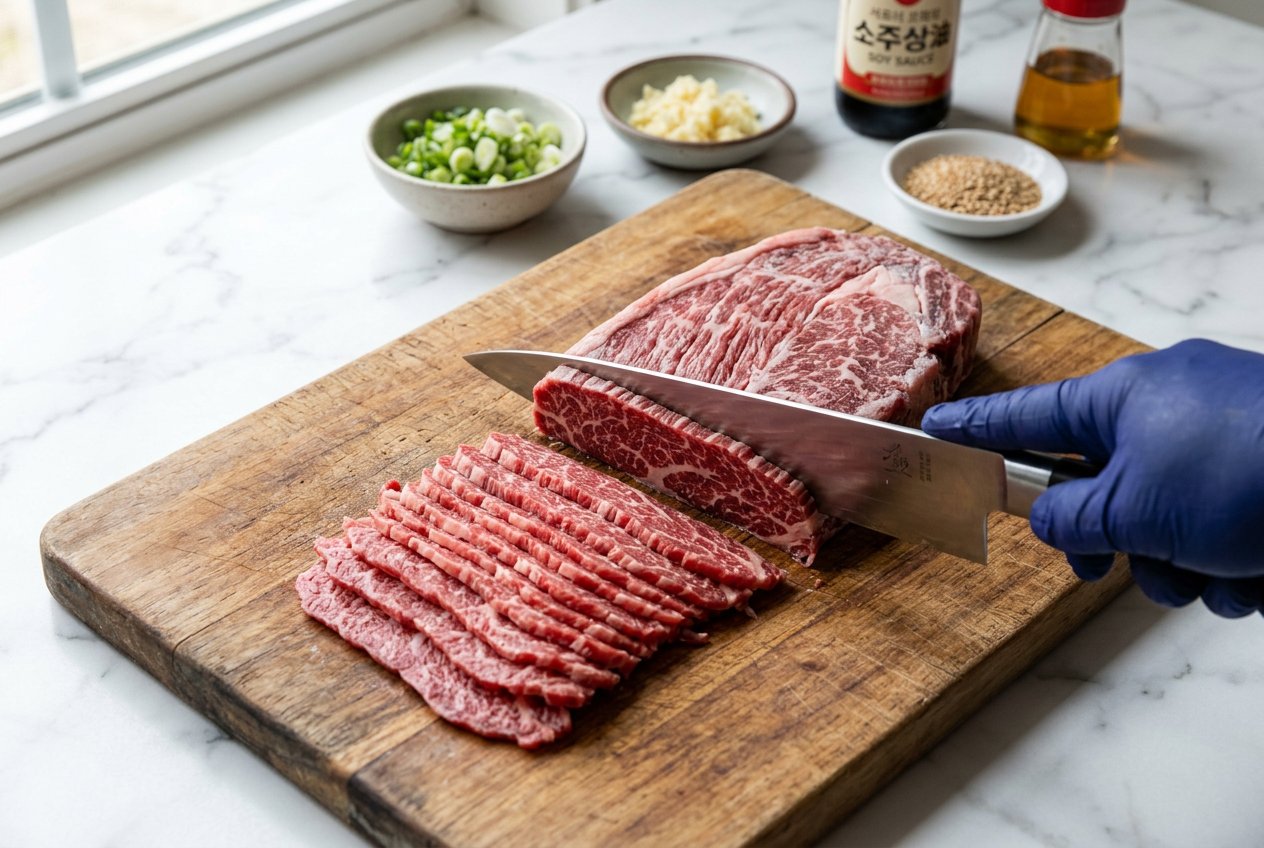 Slicing beef sirloin thinly against the grain for bulgogi preparation