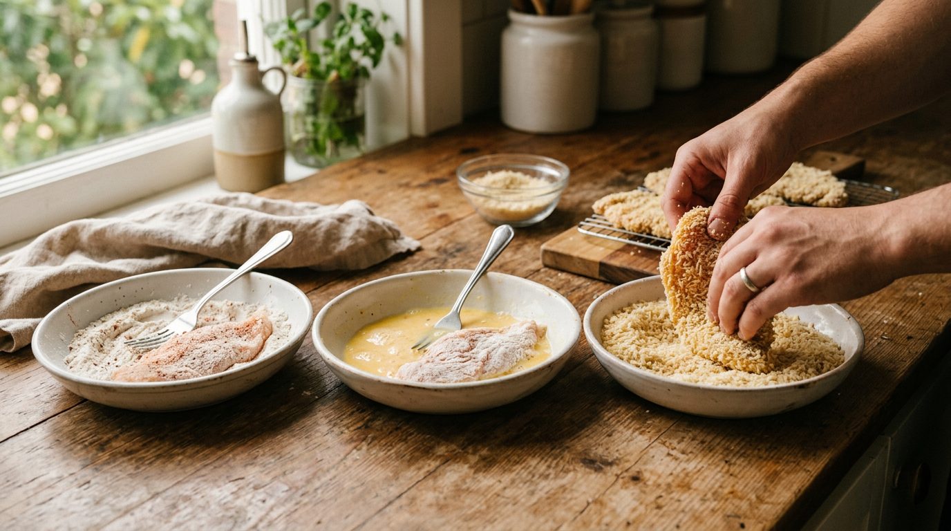 Three-stage breading station with flour, egg, and panko breadcrumbs for chicken katsu preparation