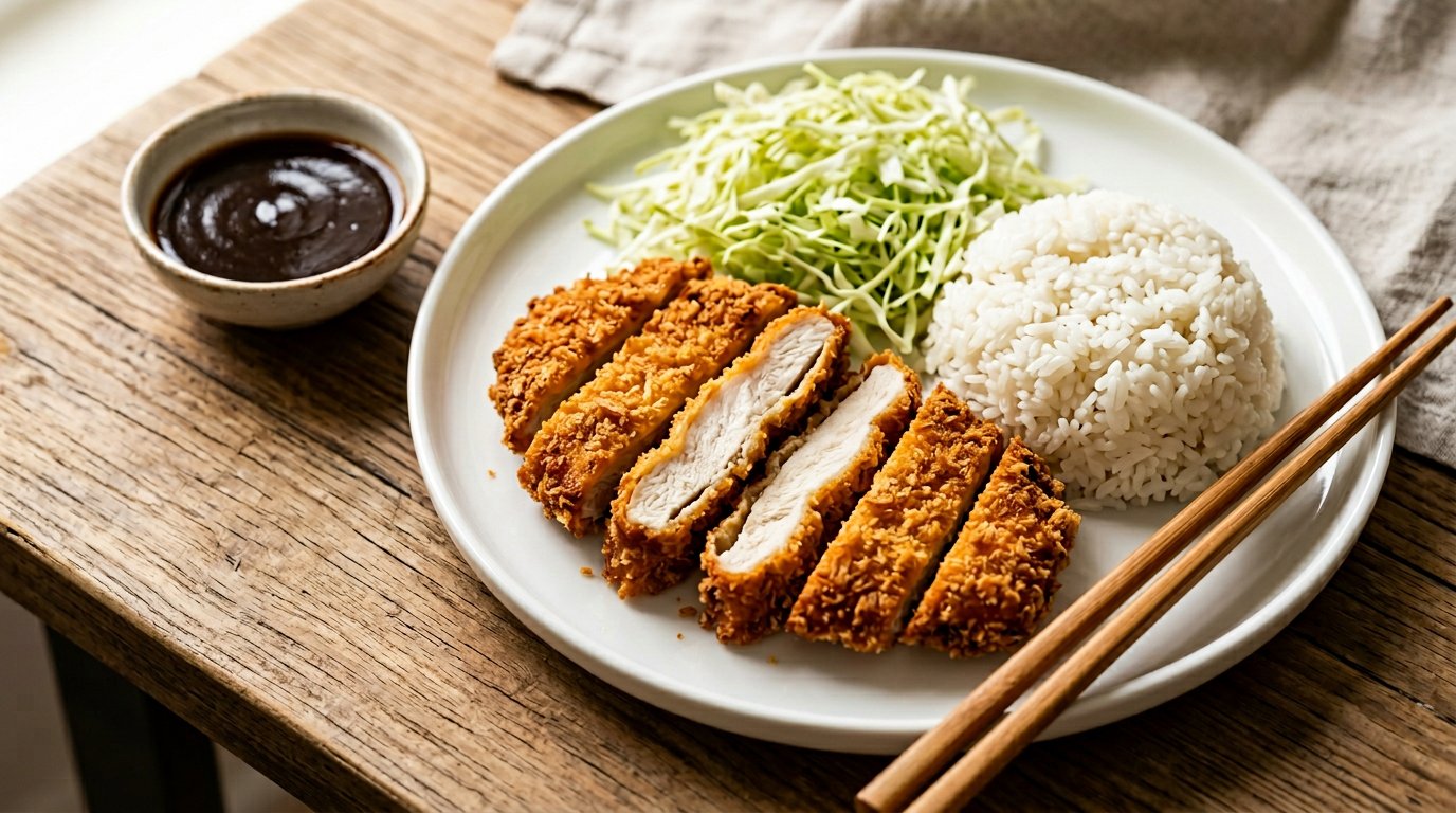 Golden crispy chicken katsu sliced on a plate with rice, shredded cabbage, and tonkatsu sauce
