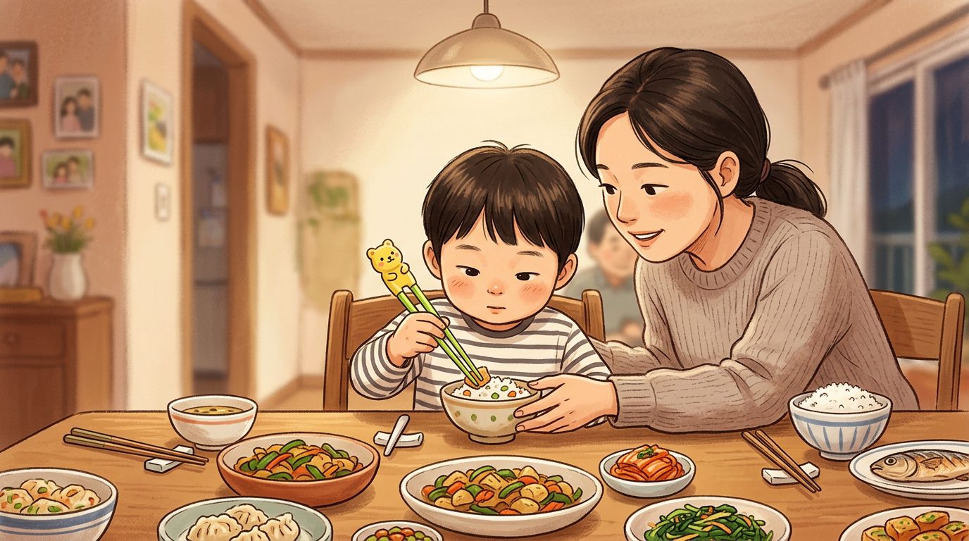 Child using training chopsticks with parent guidance at Asian dinner table