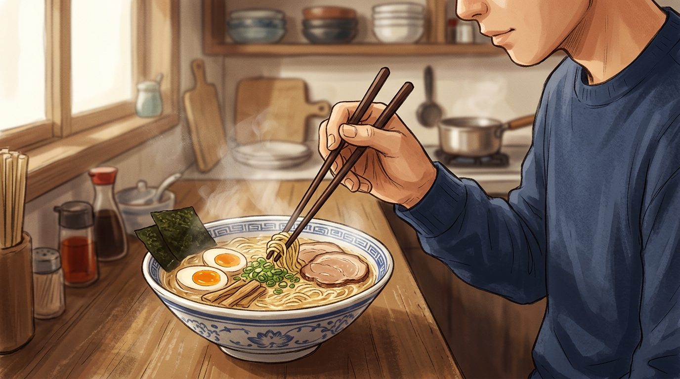 Person demonstrating correct chopstick grip over a bowl of ramen