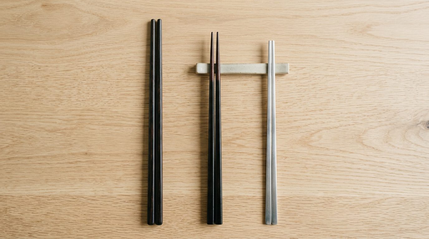 Side by side comparison of Chinese, Japanese and Korean chopsticks showing length and tip differences