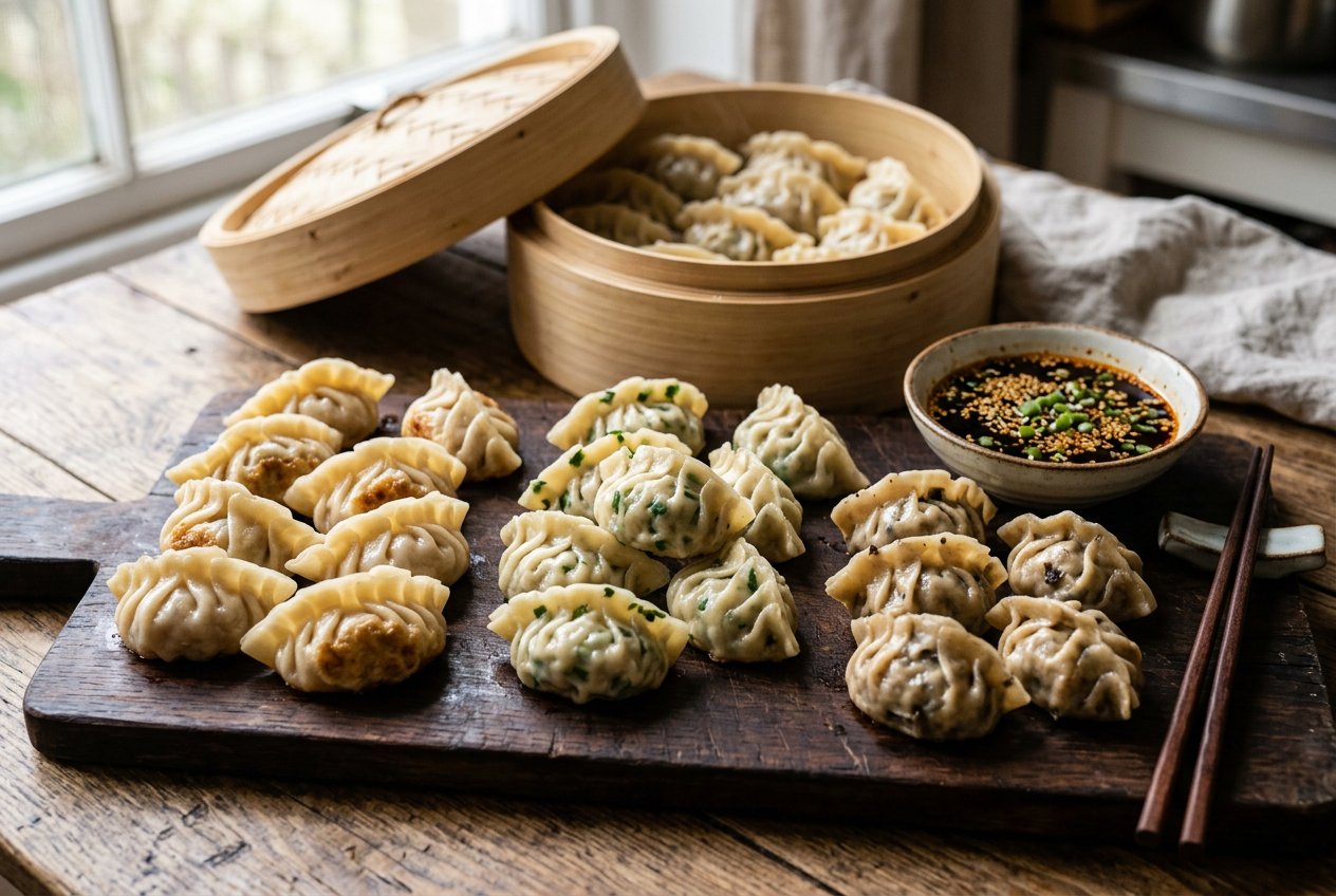 Authentic Chinese jiaozi dumplings with three filling options arranged on a wooden board with dipping sauce