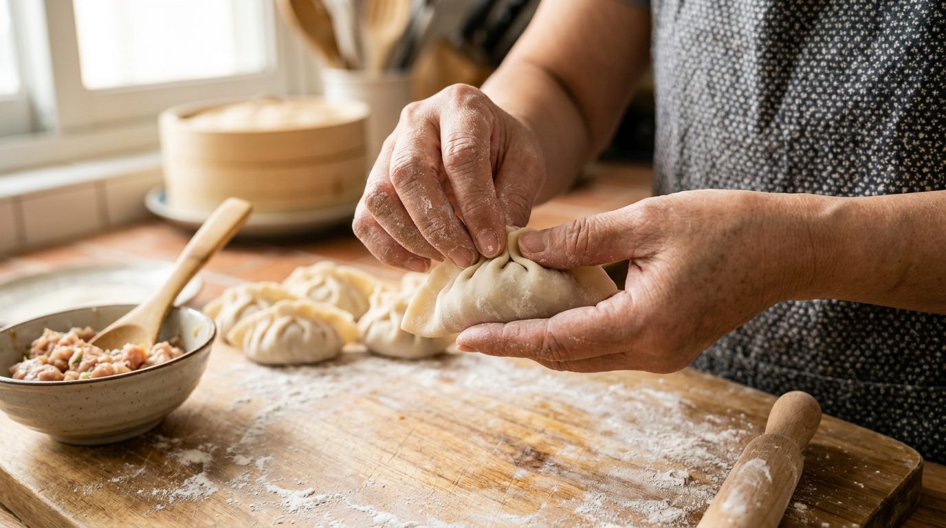 Hands demonstrating the classic half-moon pleating technique for homemade Chinese dumplings