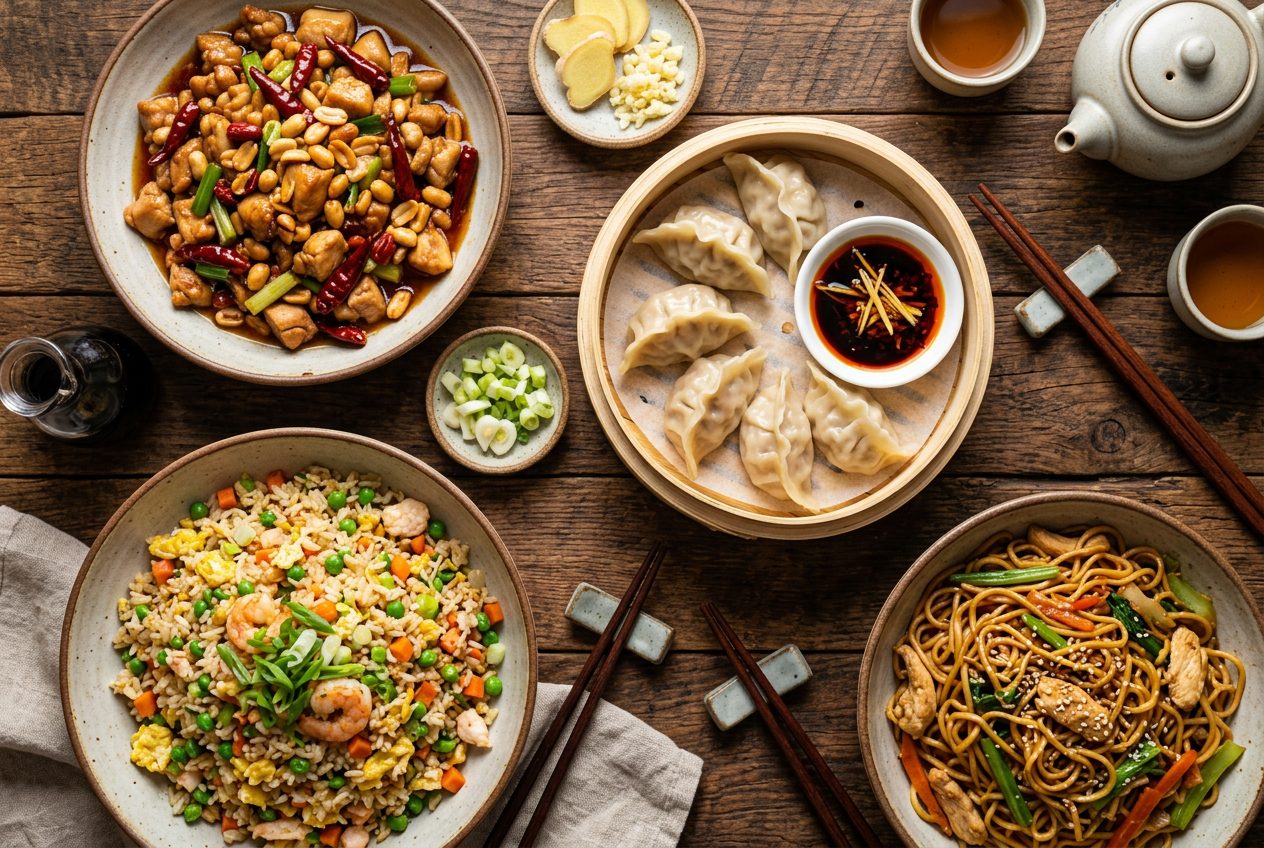 A spread of authentic Chinese dishes including dumplings, fried rice and kung pao chicken