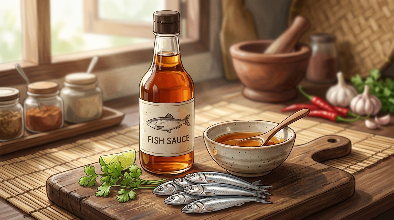 Glass bottle of fish sauce with anchovies and dipping bowl on wooden board
