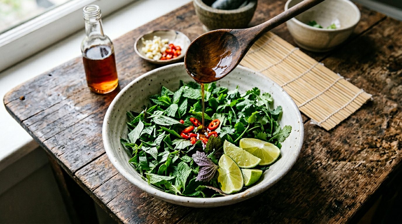 Wooden spoon drizzling amber fish sauce over fresh Vietnamese herbs and lime wedges