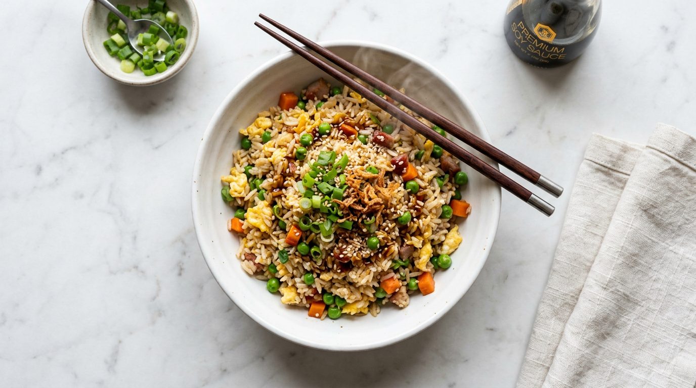 Homemade Chinese fried rice in a white bowl with chopsticks