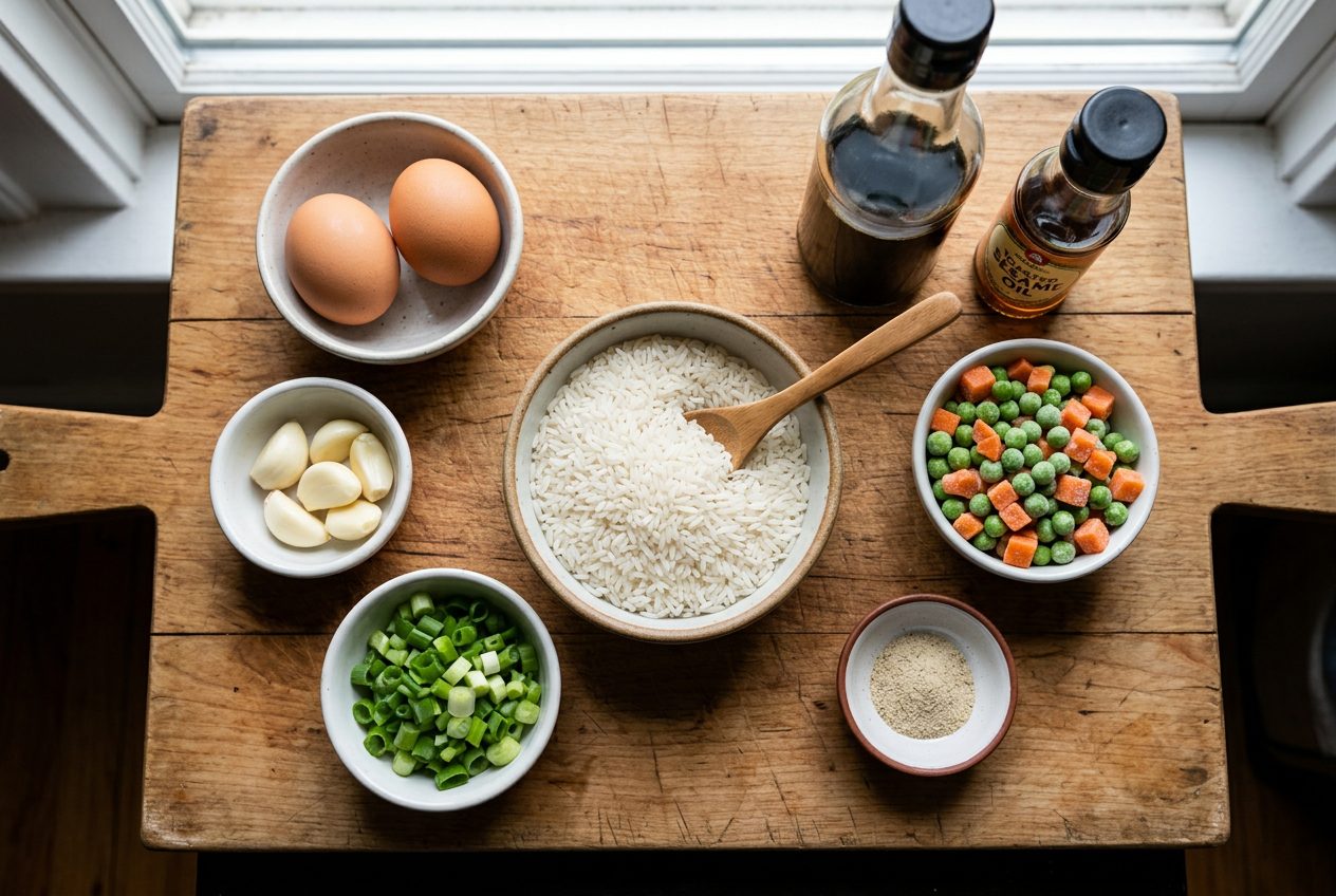 Flat lay of fried rice ingredients including jasmine rice, eggs, soy sauce, and green onions