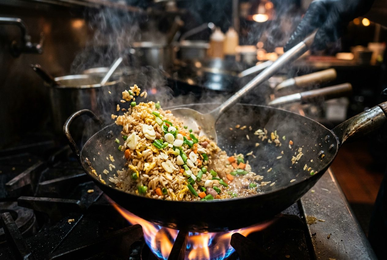 Fried rice cooking in a hot wok with steam rising