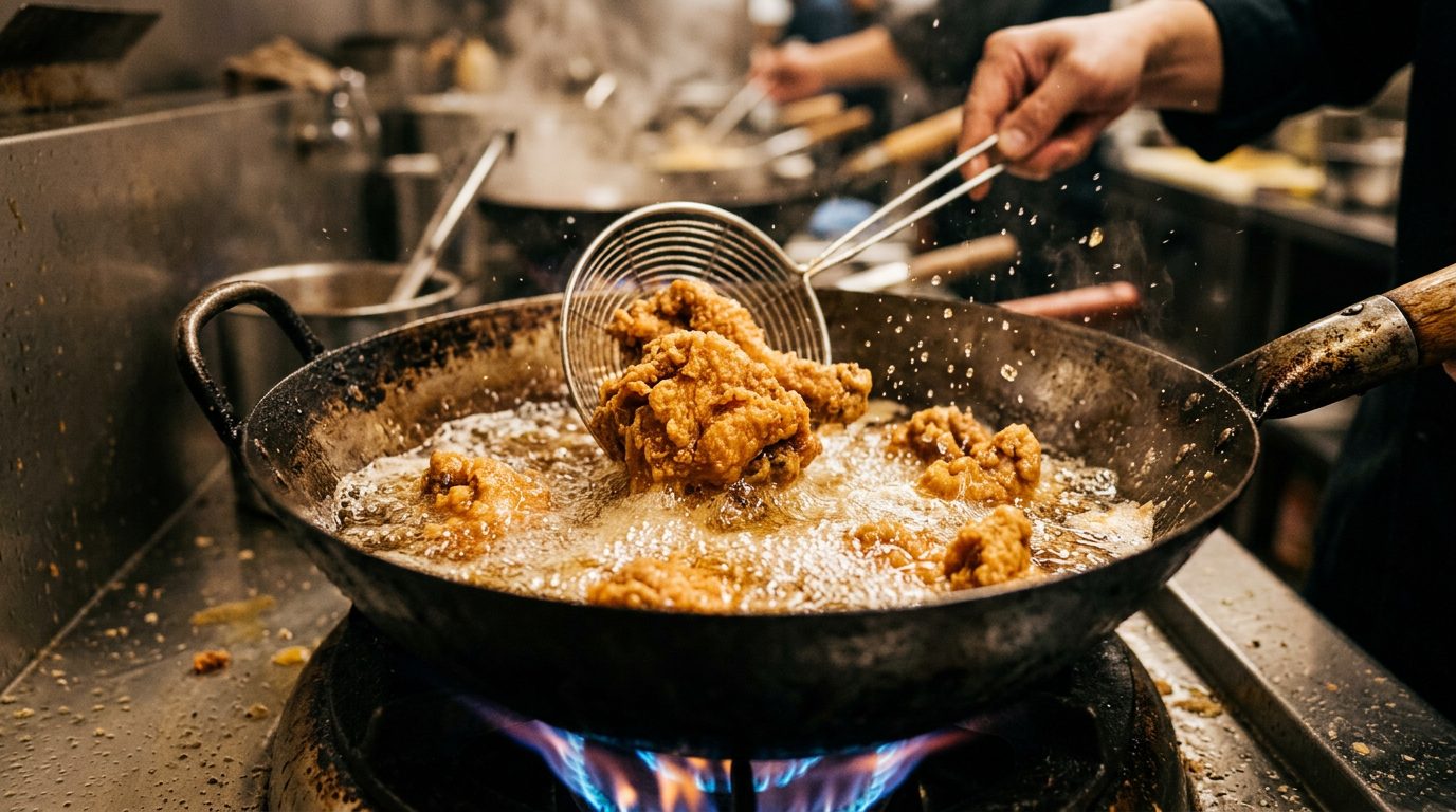 Crispy chicken pieces being double-fried in hot oil inside a wok, showing the two-stage frying technique for General Tso’s chicken