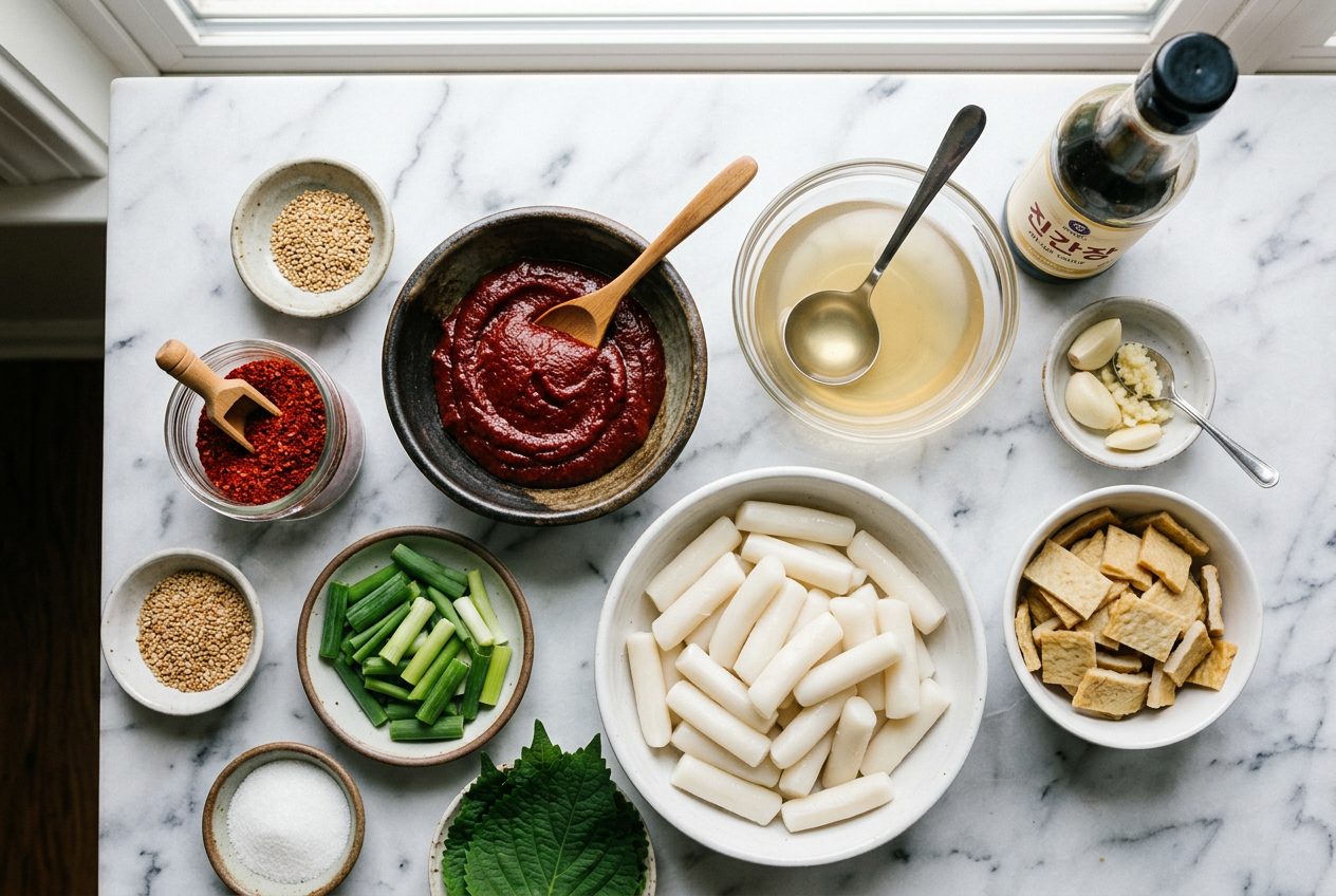 Flat lay of tteokbokki ingredients including gochujang, gochugaru, rice cakes, fish cakes, and aromatics