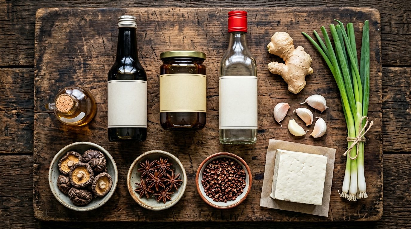 Chinese pantry staples including soy sauce, oyster sauce, Sichuan peppercorns and dried mushrooms
