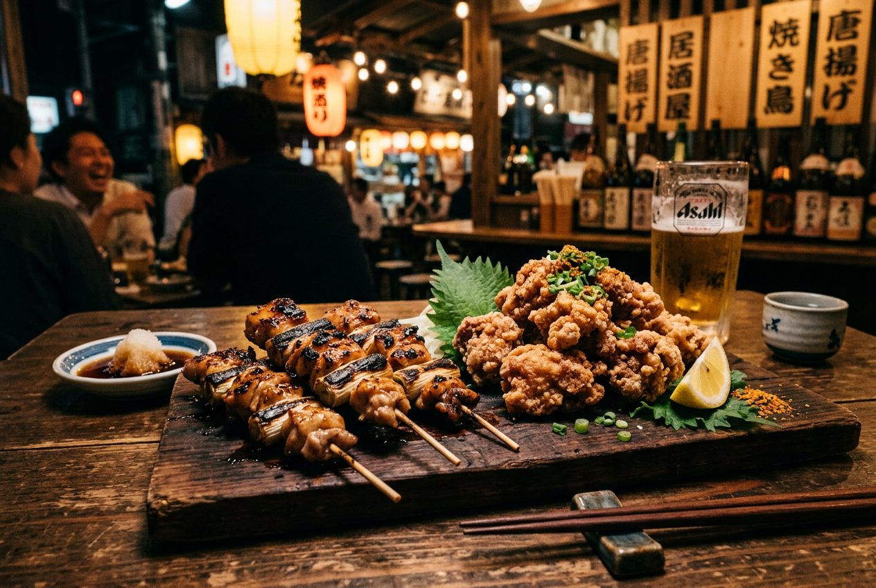 Crispy chicken karaage and yakitori skewers on a wooden board with lemon