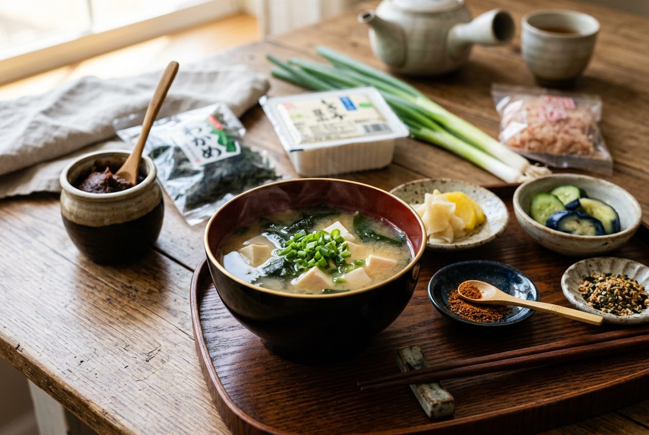 Japanese miso soup in a lacquered bowl with tofu, wakame and Japanese pantry ingredients