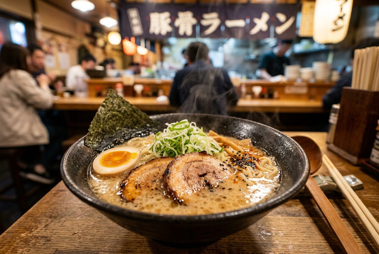 Steaming ramen bowl with chashu pork, soft-boiled egg, nori and scallions