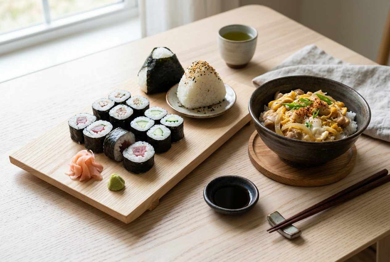 Japanese rice dishes including sushi rolls, onigiri triangles and oyakodon rice bowl