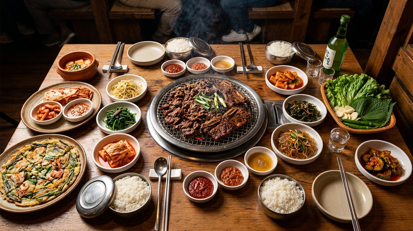 Korean BBQ table spread with grilled bulgogi, galbi short ribs, kimchi banchan and rice bowls