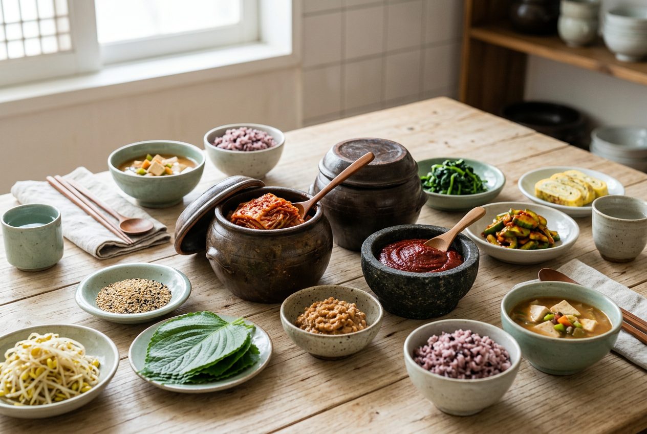 Traditional Korean fermented ingredients including kimchi, gochujang paste, doenjang and sesame oil