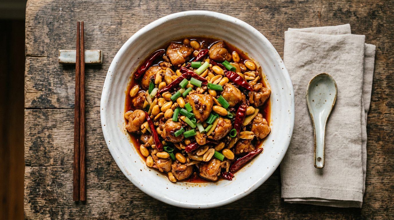 Authentic Sichuan kung pao chicken with peanuts and dried red chilies