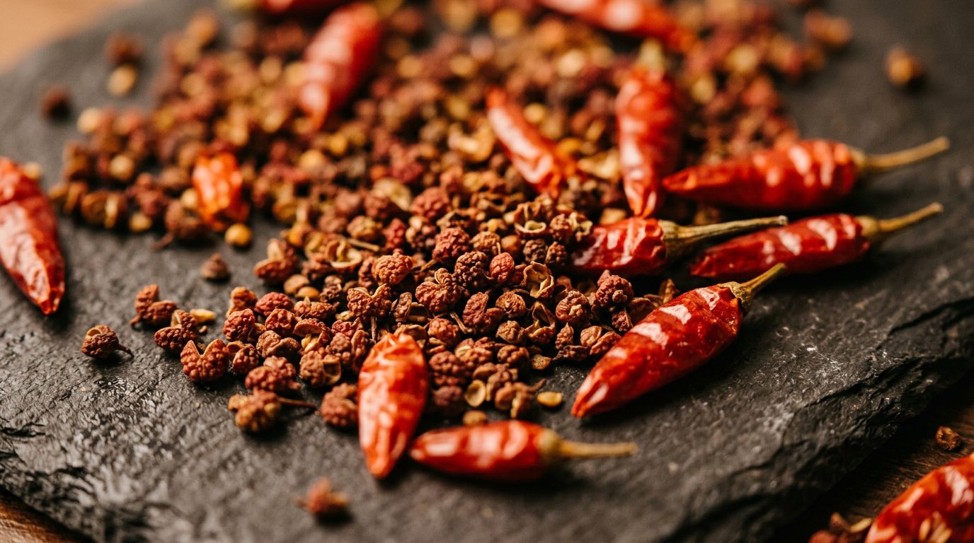 Sichuan peppercorns and dried red facing heaven chilies for kung pao chicken