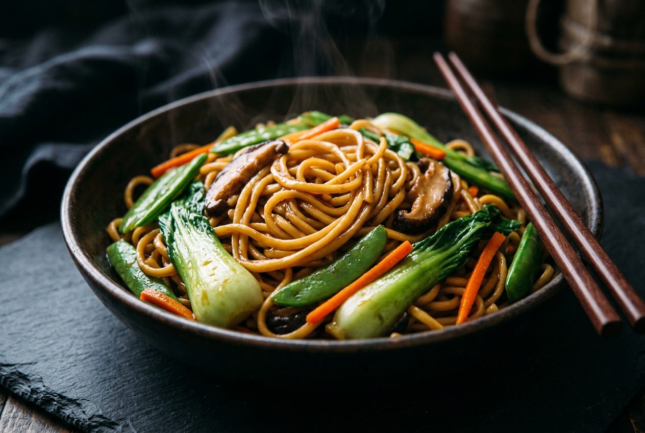A bowl of authentic Chinese lo mein noodles with vegetables and chopsticks