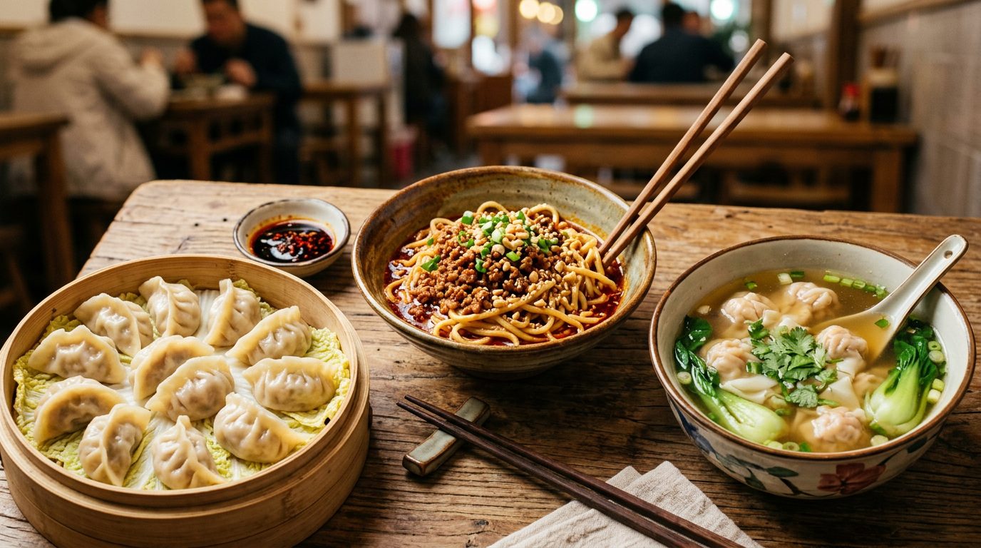 Chinese dumplings on a bamboo steamer next to a bowl of dan dan noodles