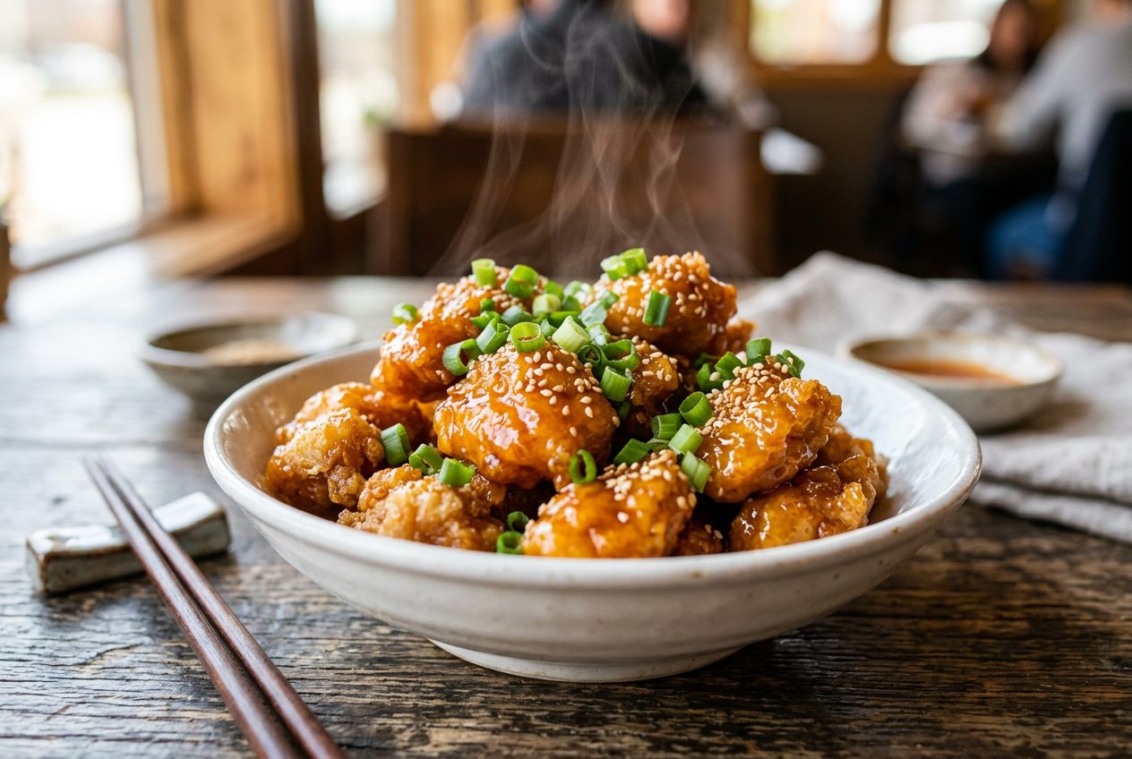 Crispy orange chicken recipe glazed with bright orange sauce, served in a white bowl