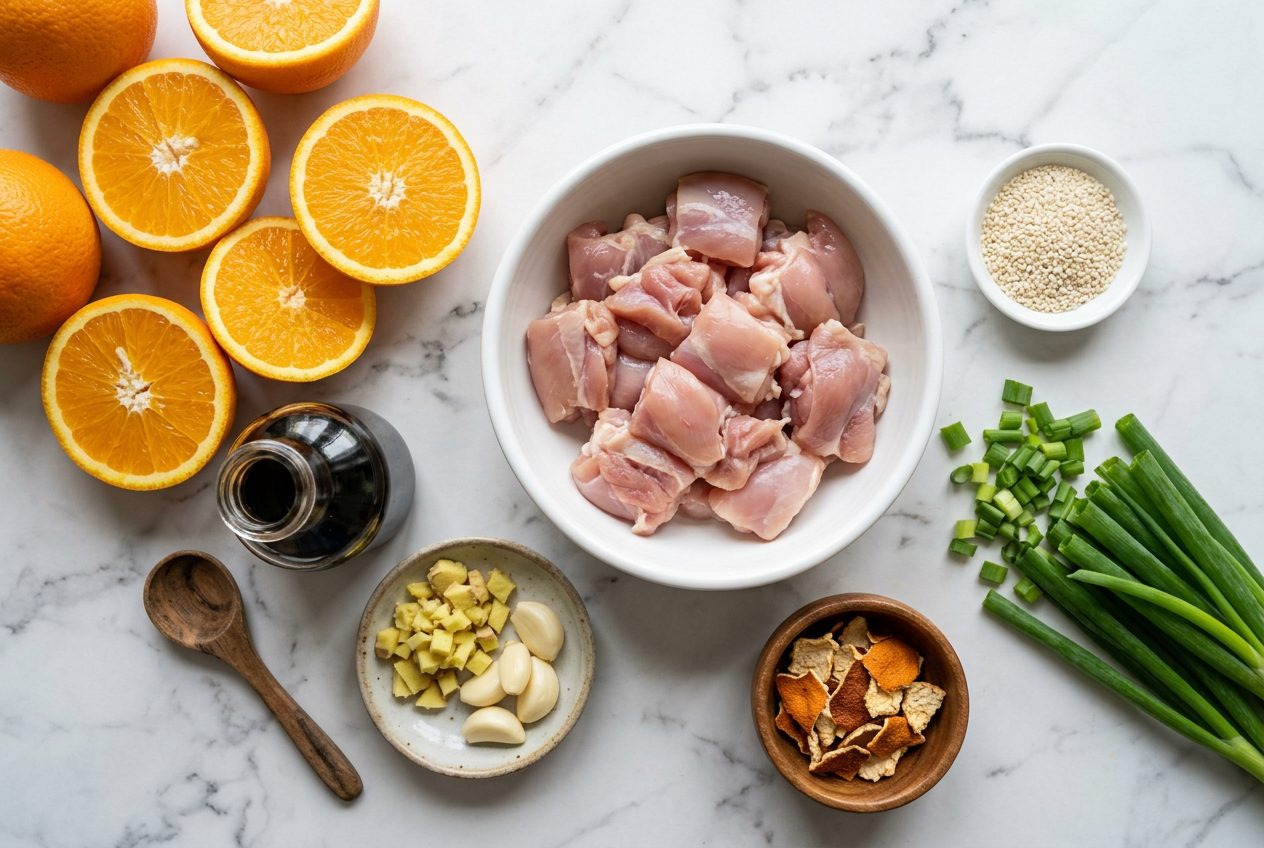 Ingredients for orange chicken recipe including fresh oranges, chicken thighs, soy sauce, ginger, garlic and chen pi dried tangerine peel