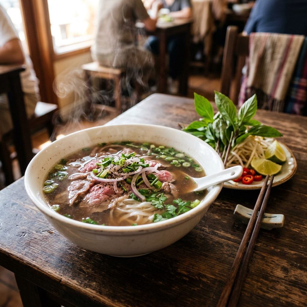 A steaming bowl of authentic Vietnamese pho bo with fresh herbs, lime wedges and bean sprouts