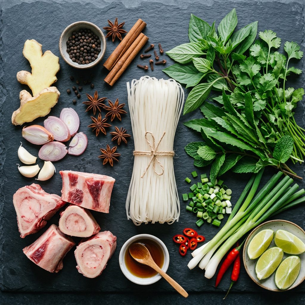 Overhead flat lay of Vietnamese pho ingredients including star anise, cinnamon sticks, ginger and fresh herbs