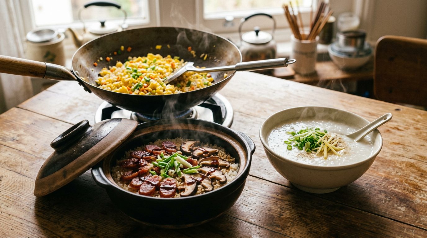 Clay pot rice with Chinese sausage and a bowl of congee