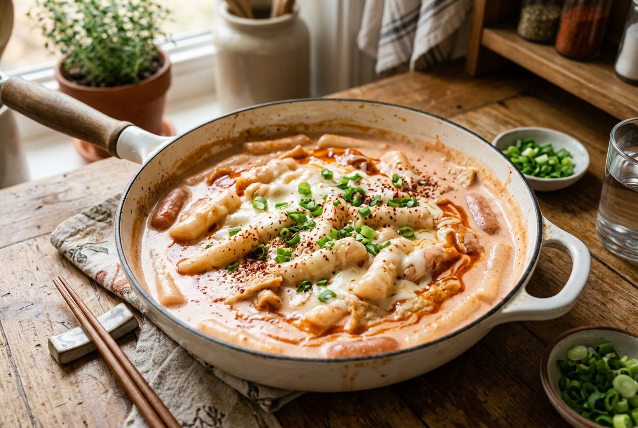Rose tteokbokki with creamy pink gochujang cream sauce garnished with cheese and green onions