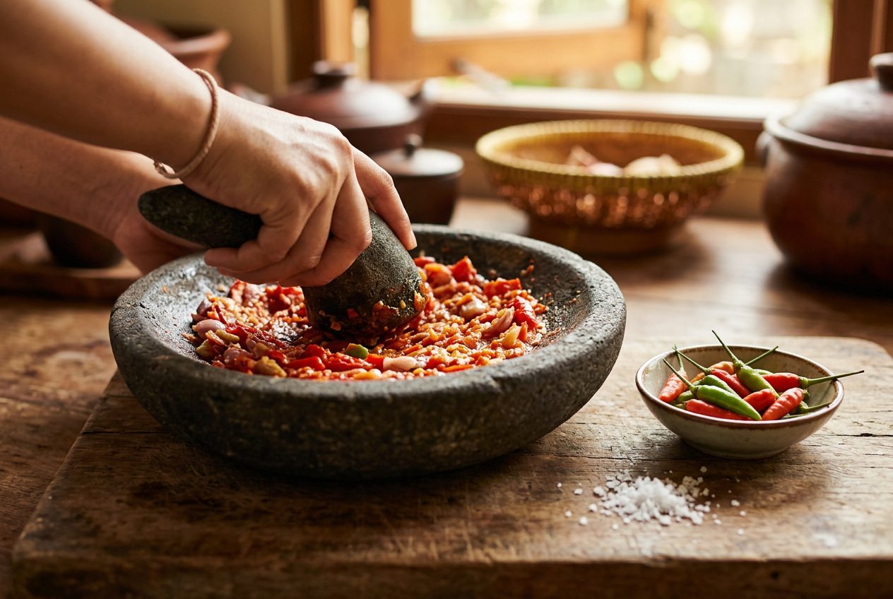 Traditional Indonesian stone mortar and pestle with crushed red chilies being ground into sambal oelek paste, fresh bird eye chilies and salt on wooden surface