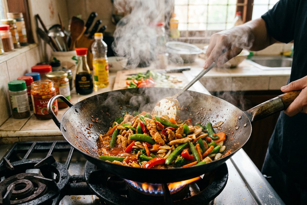 Wok stir fry with vegetables and protein cooked with red chili sambal sauce, steam rising, authentic Southeast Asian home kitchen cooking scene