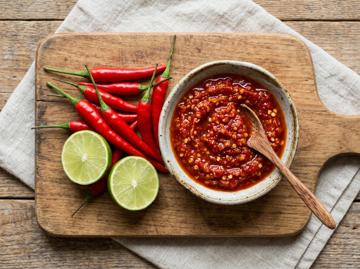 A small ceramic bowl of bright red sambal oelek chili paste on a rustic wooden board with fresh red chilies and lime halves