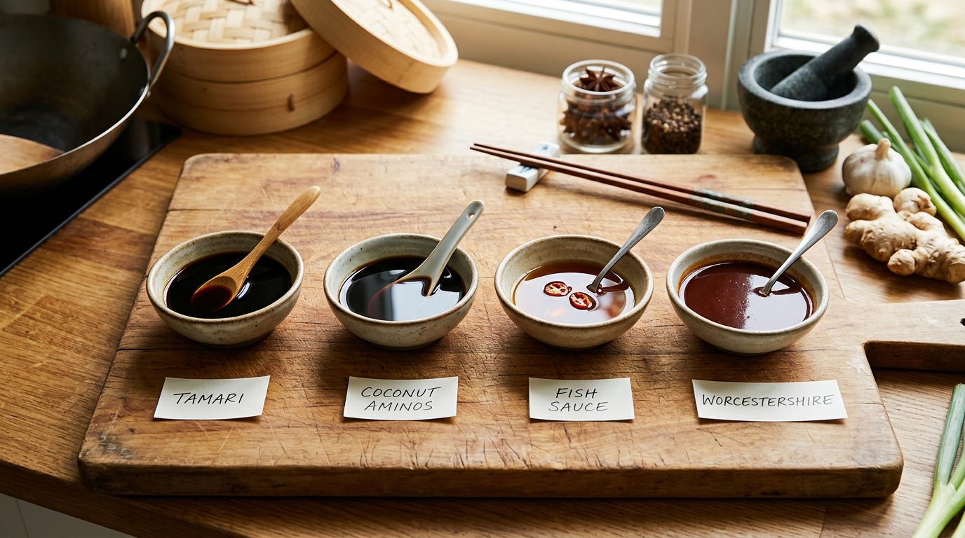 Multiple ceramic bowls containing soy sauce substitute options including coconut aminos, tamari, and fish sauce on a wooden board with Asian kitchen backdrop