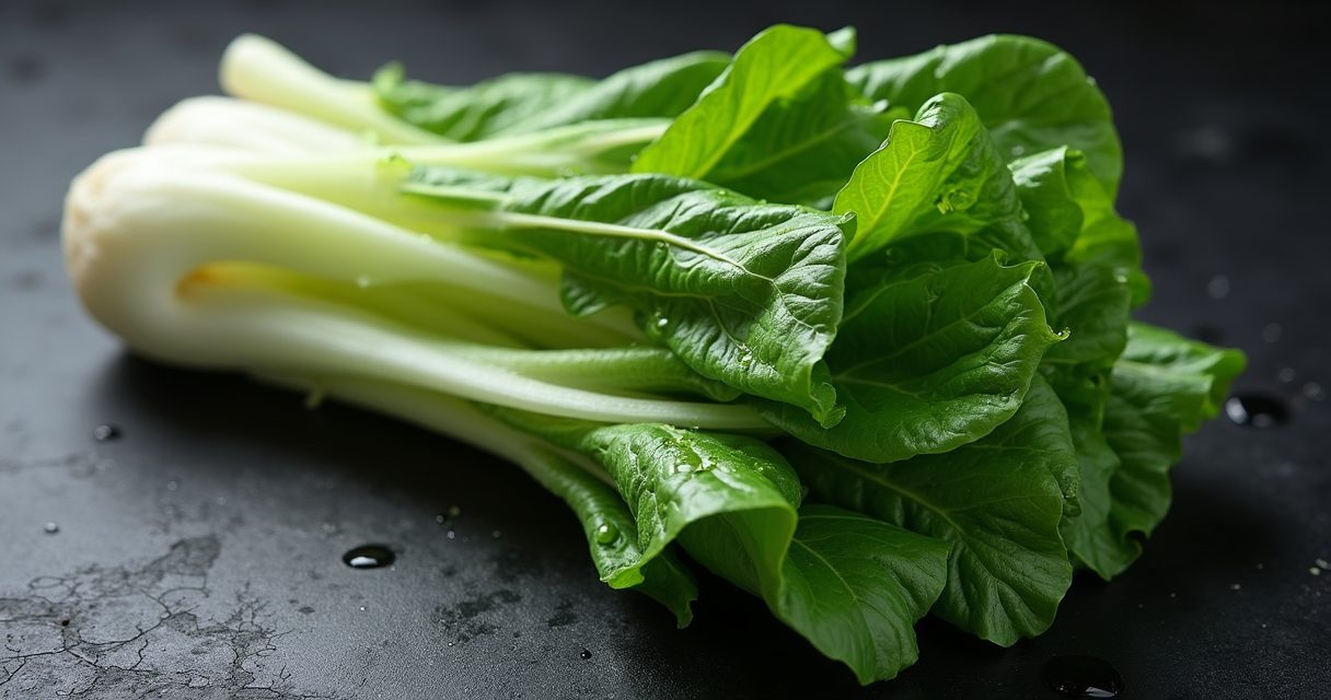 Steamed bok choy on white plate with ginger soy sauce and spring onion garnish