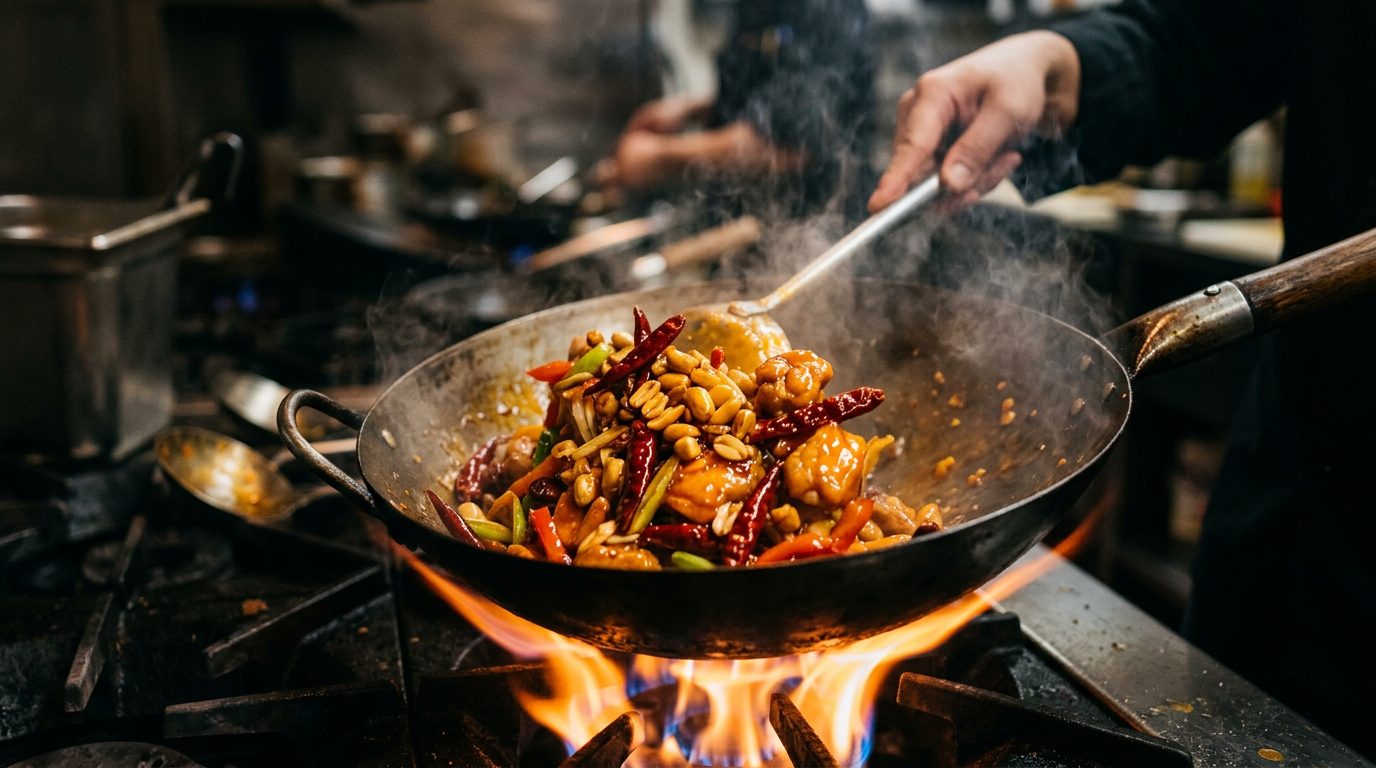 Kung pao chicken stir-fry in a wok with dried chilies and peanuts