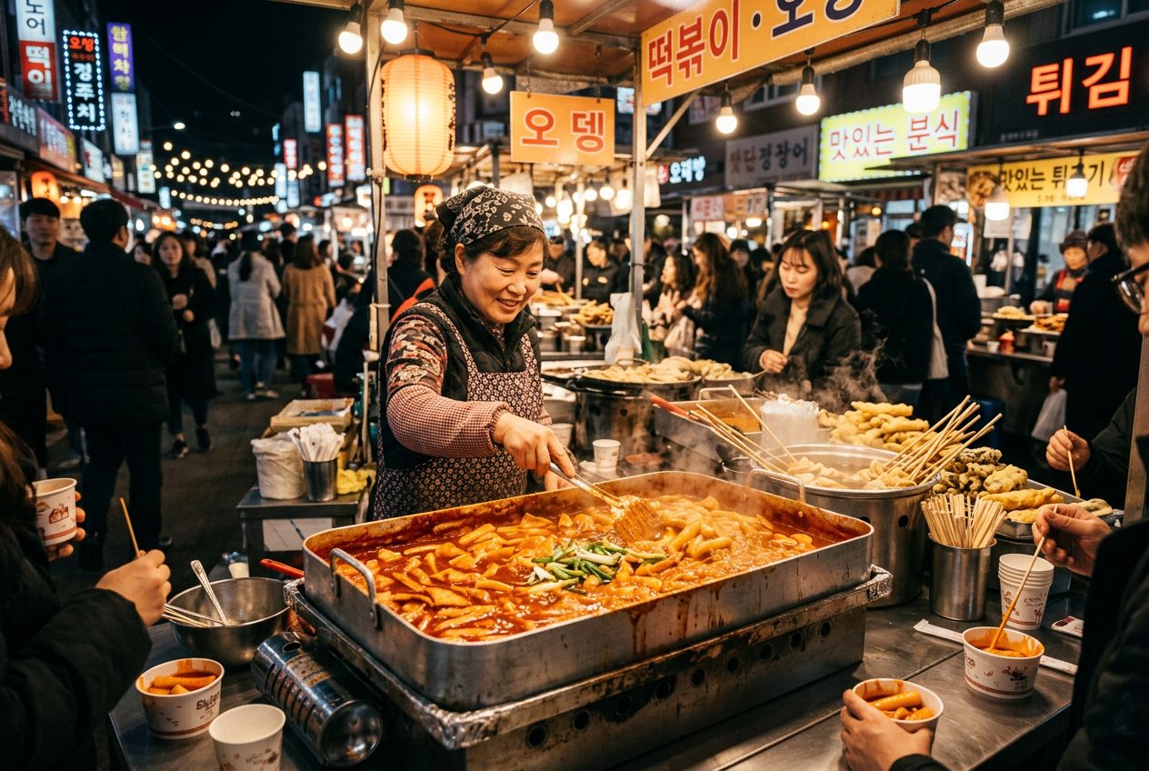 Korean street food vendor selling tteokbokki at a night market in Seoul with bubbling red sauce