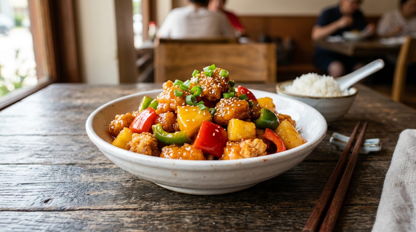 Crispy sweet and sour chicken pieces tossed in a wok with glossy sauce, pineapple and bell peppers