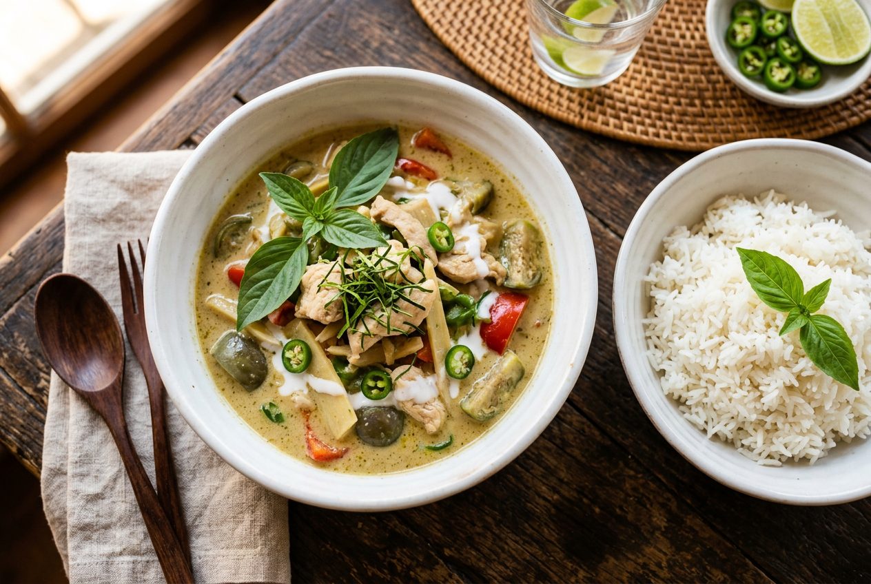Thai green curry in a white ceramic bowl with jasmine rice and fresh Thai basil